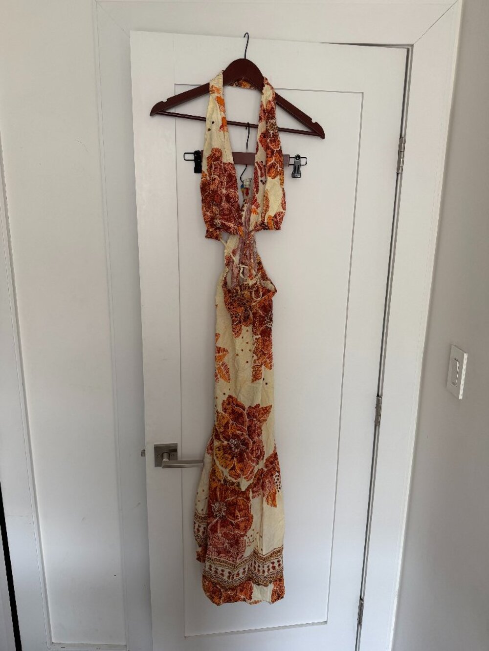 Farm Rio Cutout Midi Dress Coral Red Beige Beaded Details M